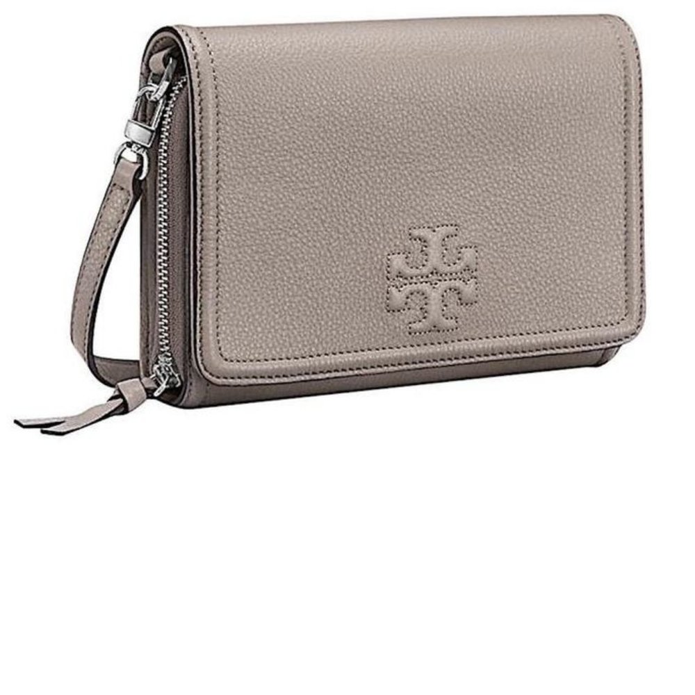 Tory Burch Thea Flat Wallet Grey with Tag Leather Cross Body Bag